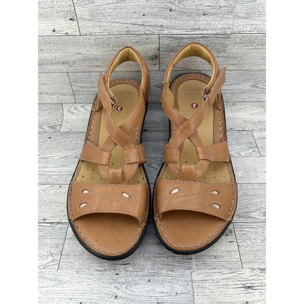 Clarks Artisan Unstructured Tan Leather Wedge Sandals Women Size 8M Brown